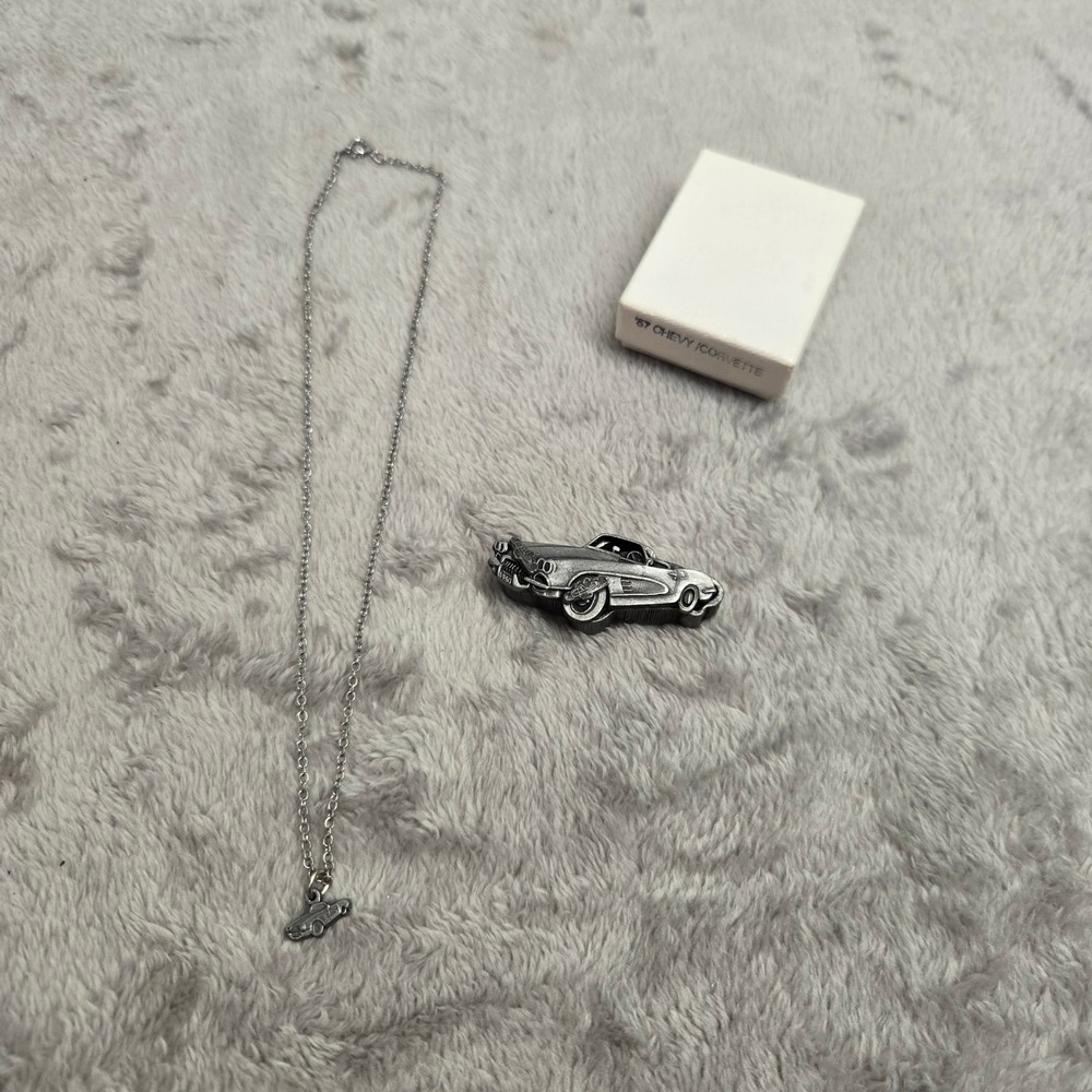 Torino Vintage 1957 Chevy Corvette Brooch Necklace & Earring Set Pewter Tone Car
